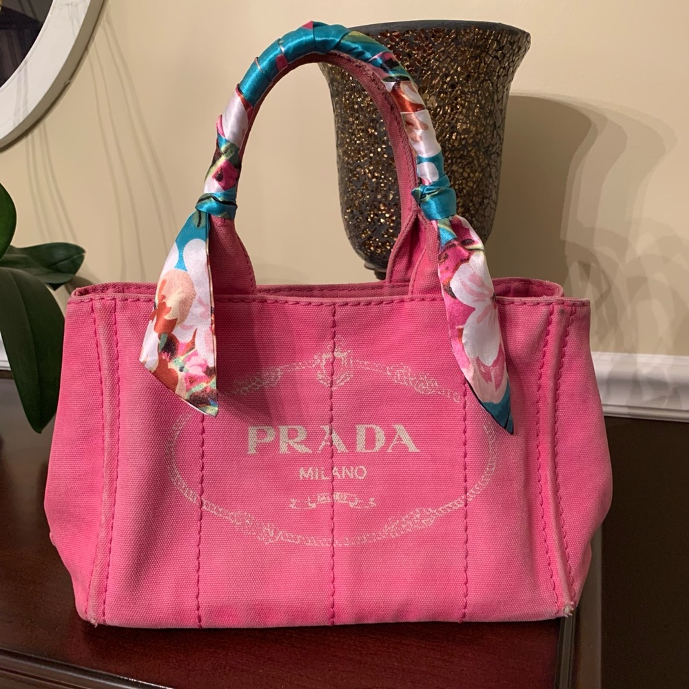 Authentic PRADA Canapa Passion Pink Canvas Hand Tote Bag Purse